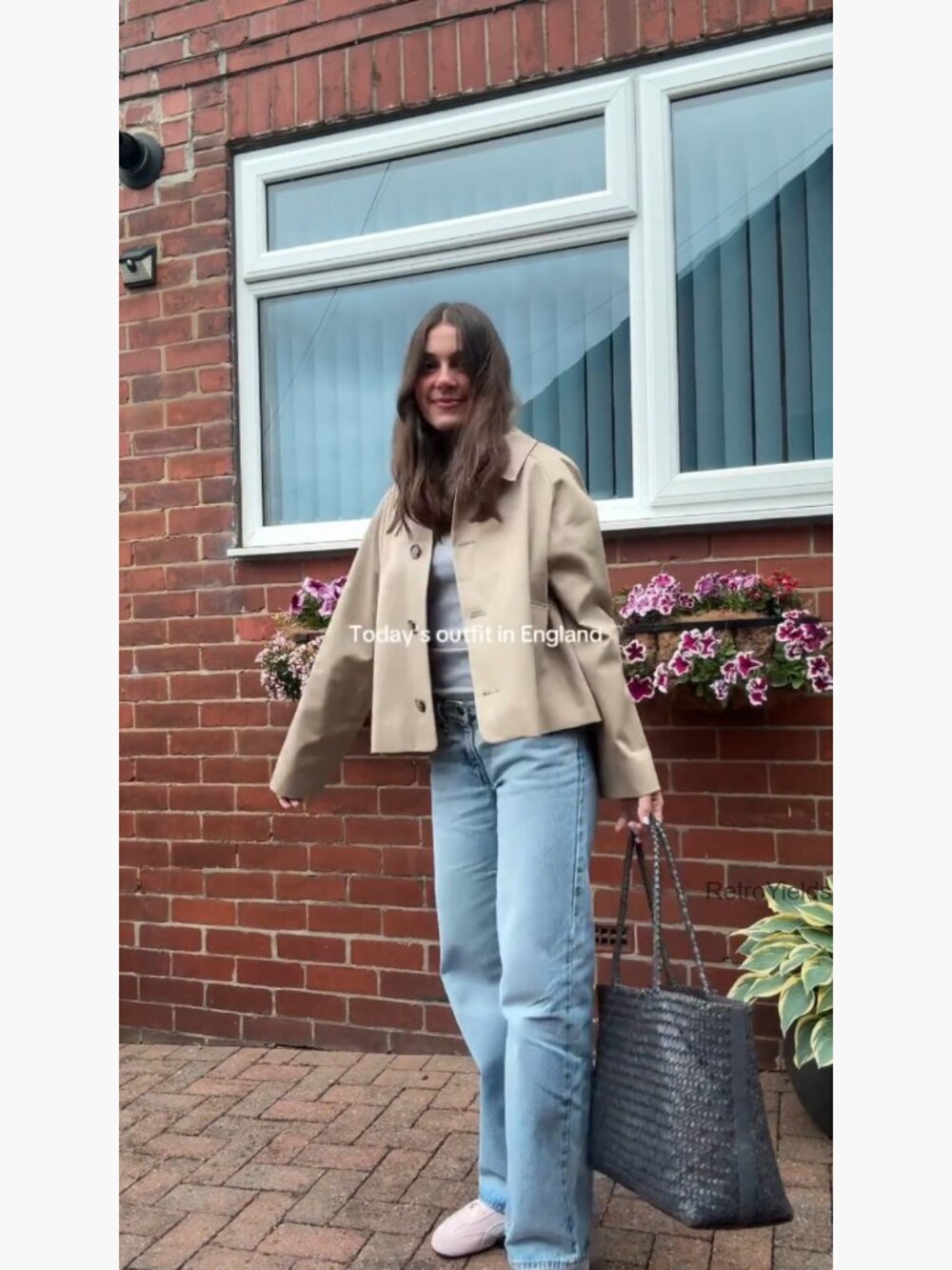 Oversize Crop Trench Coat Plaid Lining Button Down Pockets - Picture 7 of 7